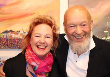 Michael Eavis with fine artist Alce Harfield on Glastonbury Prints and paintings page